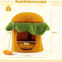 Süßes Katzenbett hamburgerförmiges Katzenhaus mit gepolstertem oberen Sitzplatz hängendem Plüschspielzeug Orange