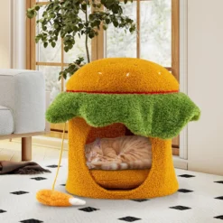 Süßes Katzenbett hamburgerförmiges Katzenhaus mit gepolstertem oberen Sitzplatz hängendem Plüschspielzeug Orange