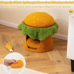 Süßes Katzenbett hamburgerförmiges Katzenhaus mit gepolstertem oberen Sitzplatz hängendem Plüschspielzeug Orange
