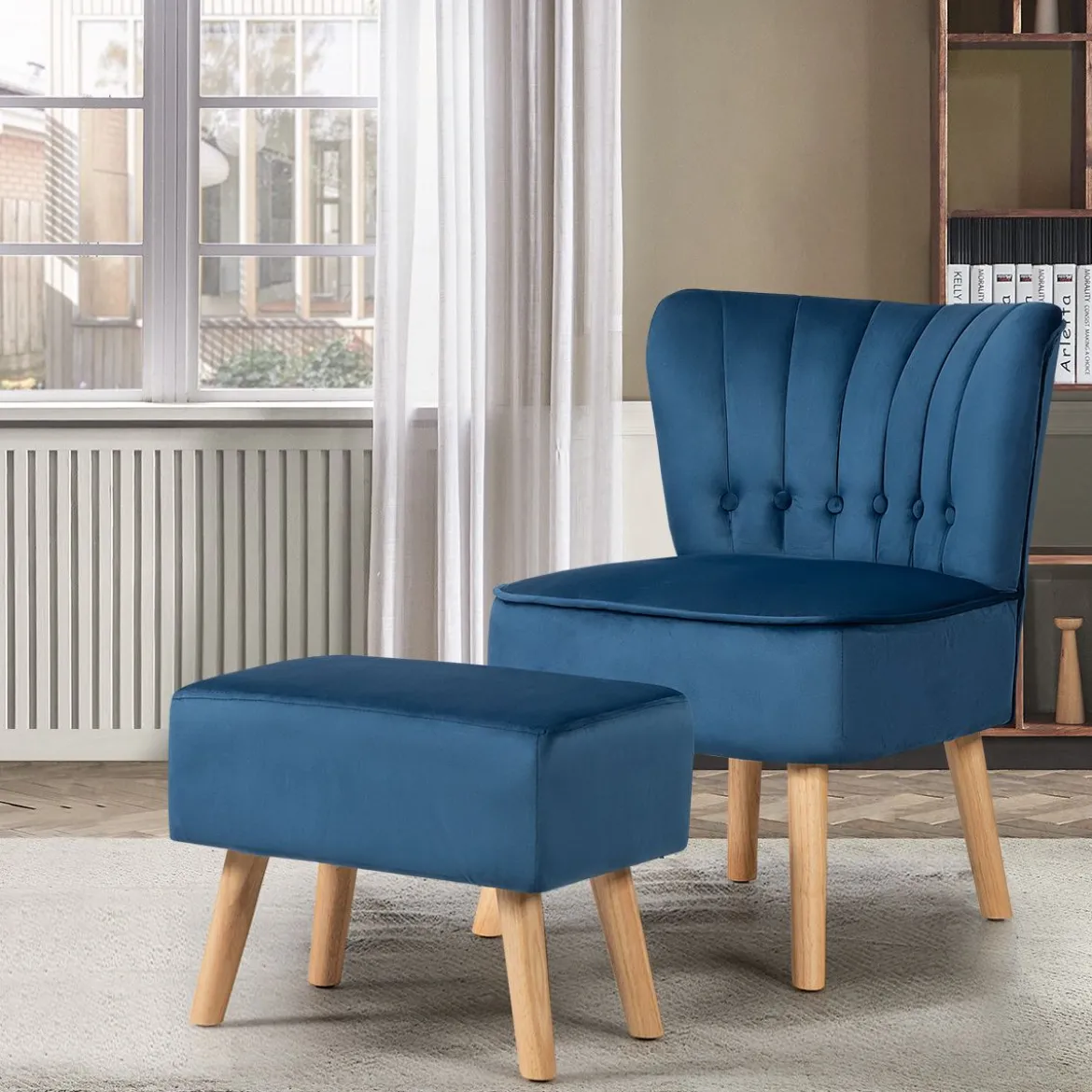 Sessel Armloser Sessel mit Ottomane Hautfreundlicher Polsterstuhl ohne Armlehnen aus Samt Blau