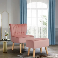 Sessel Armloser Sessel mit Ottomane Hautfreundlicher Polsterstuhl ohne Armlehnen aus Samt Rosa