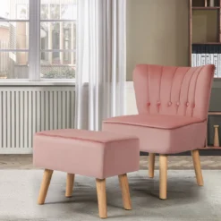 Sessel Armloser Sessel mit Ottomane Hautfreundlicher Polsterstuhl ohne Armlehnen aus Samt Rosa