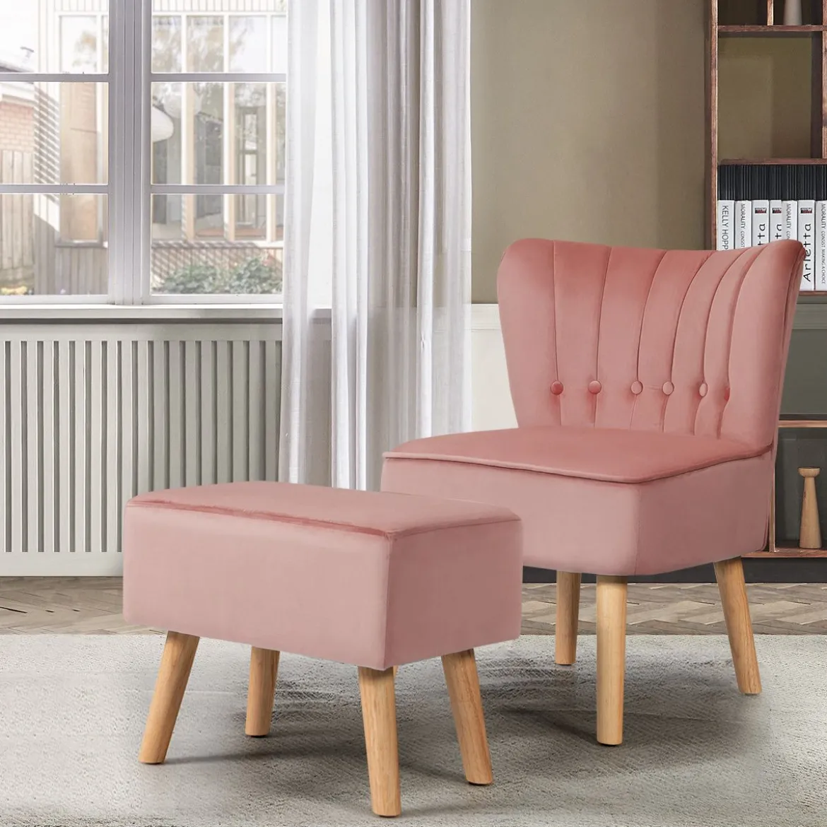 Sessel Armloser Sessel mit Ottomane Hautfreundlicher Polsterstuhl ohne Armlehnen aus Samt Rosa