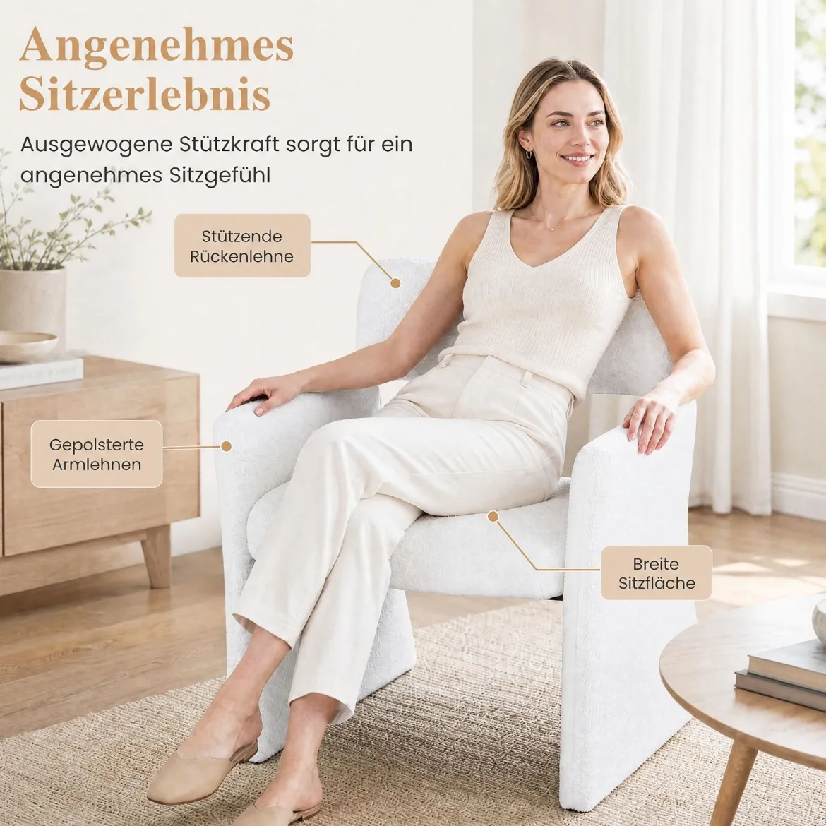 Sessel 2er Set Gepolsterter Relaxsessel Lesessel mit Atmungsaktivem Bezug 63 x 62 x 83 cm Weiß