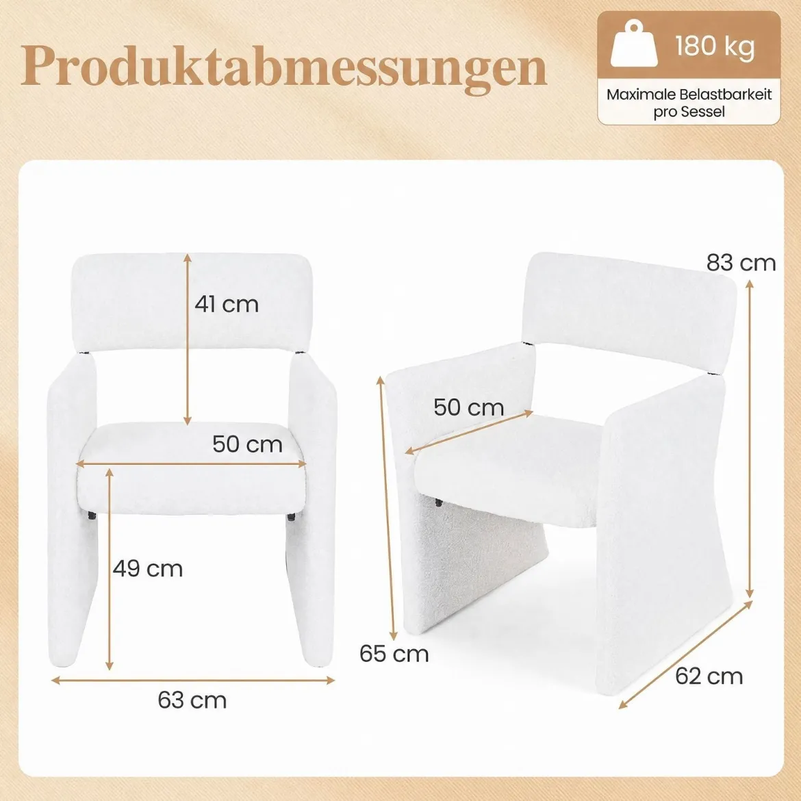 Sessel 2er Set Gepolsterter Relaxsessel Lesessel mit Atmungsaktivem Bezug 63 x 62 x 83 cm Weiß