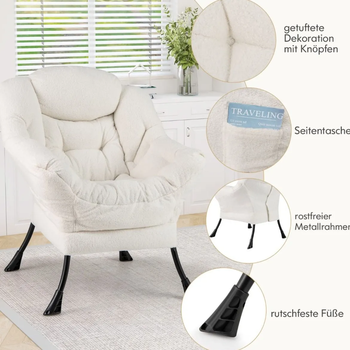Sessel mit Armlehnen & Seitentasche & Fußstütze & Hocker Relaxsessel Loungesessel Fernsehsessel
