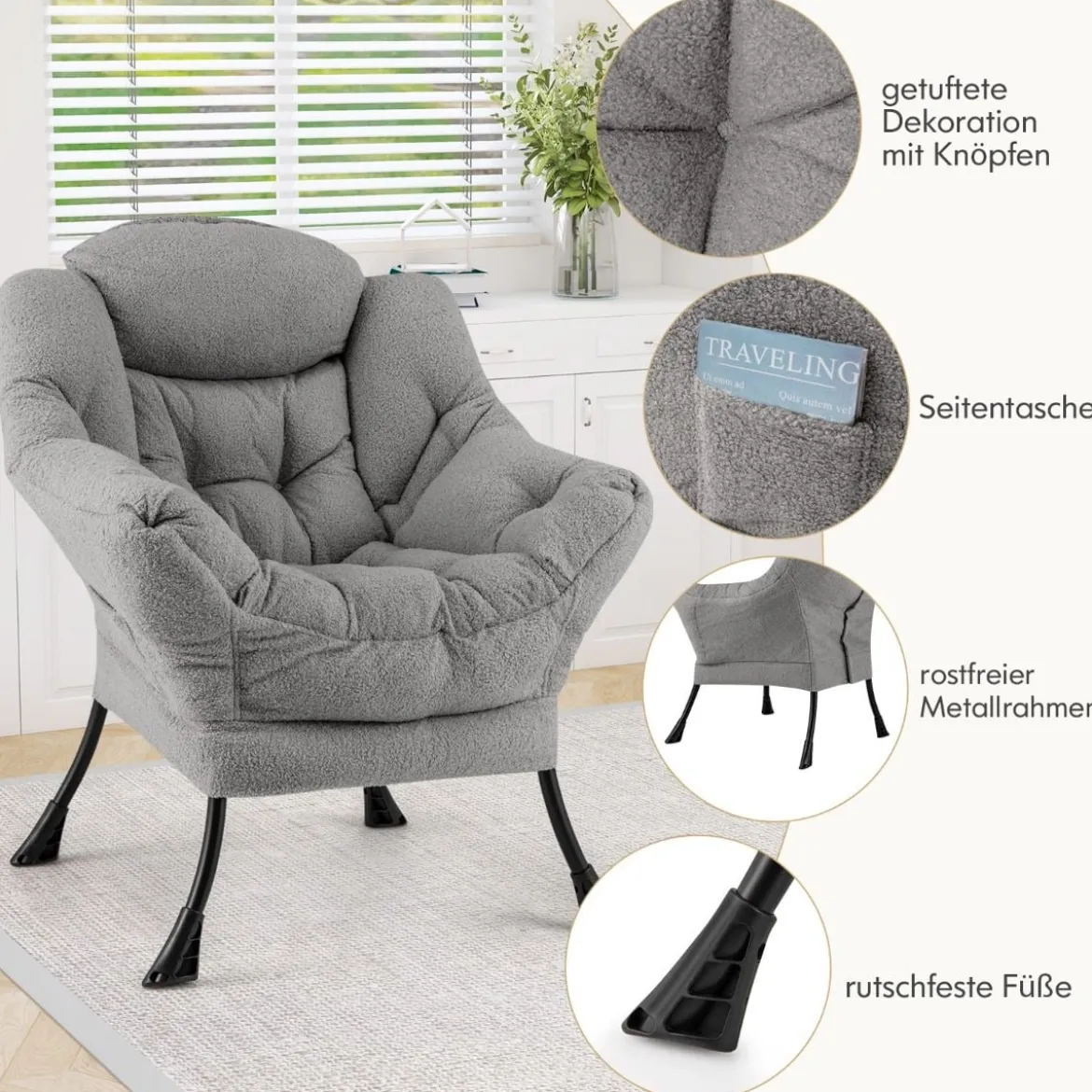 Sessel mit Armlehnen & Seitentasche & Fußstütze & Hocker Relaxsessel Loungesessel Fernsehsessel