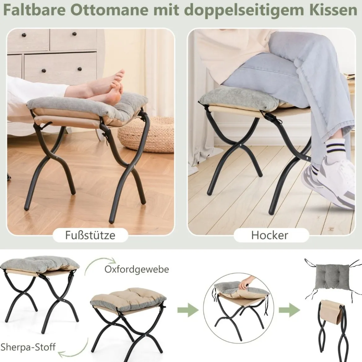 Sessel mit Hocker & Armlehnen & Seitentasche & Doppelseitiger Fußstütze Relaxsessel Grau