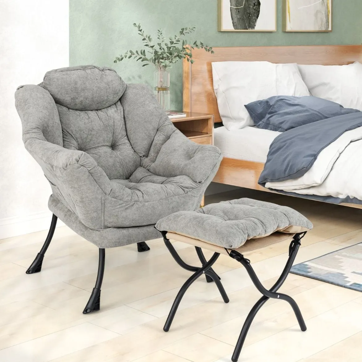 Sessel mit Hocker & Armlehnen & Seitentasche & Doppelseitiger Fußstütze Relaxsessel Grau