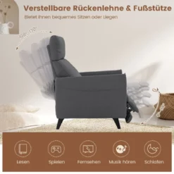 Sessel mit Liegefunktion & Verstellbarer Rückenlehne & Fußstütze & 2 Magazintaschen Dunkelgrau