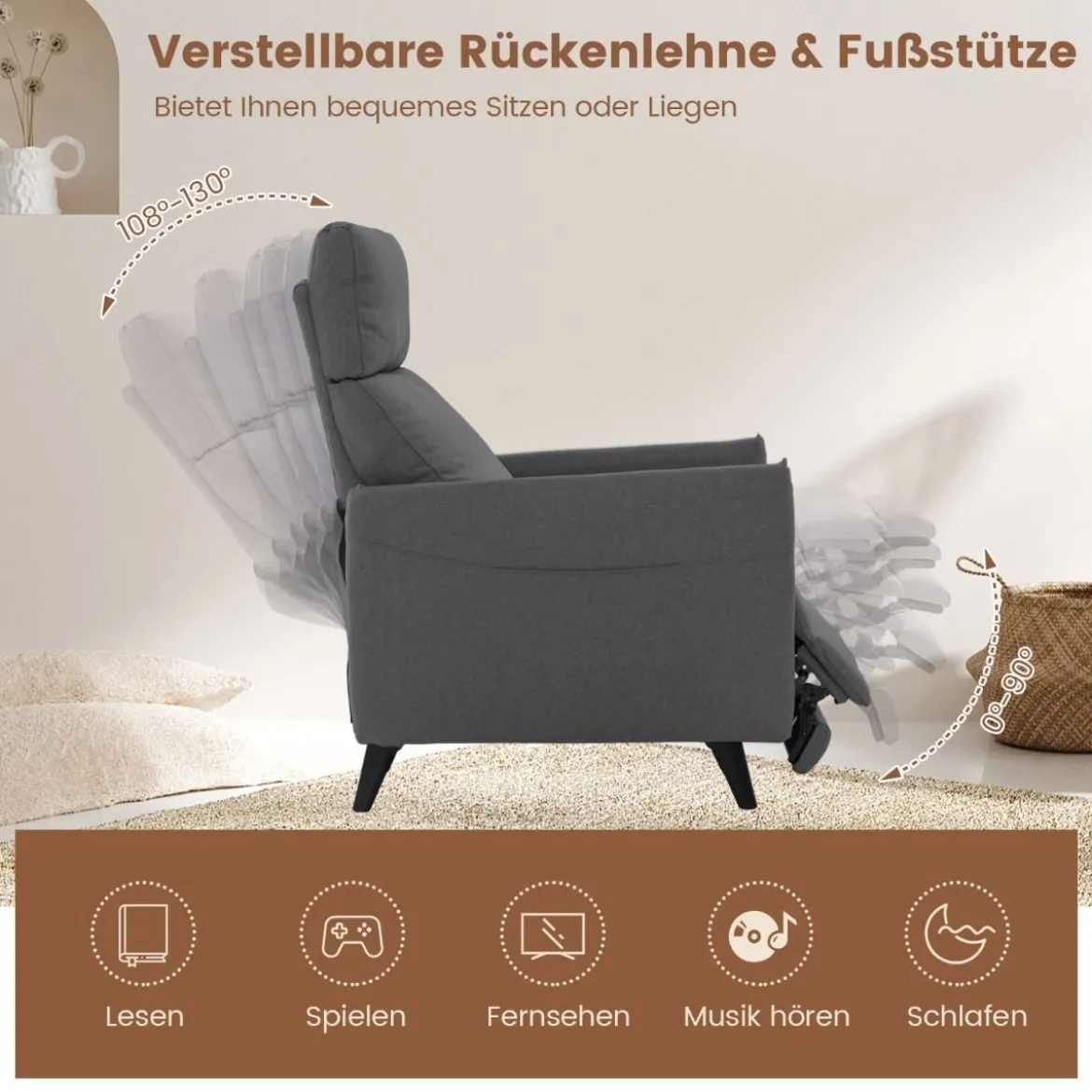 Sessel mit Liegefunktion & Verstellbarer Rückenlehne & Fußstütze & 2 Magazintaschen Dunkelgrau