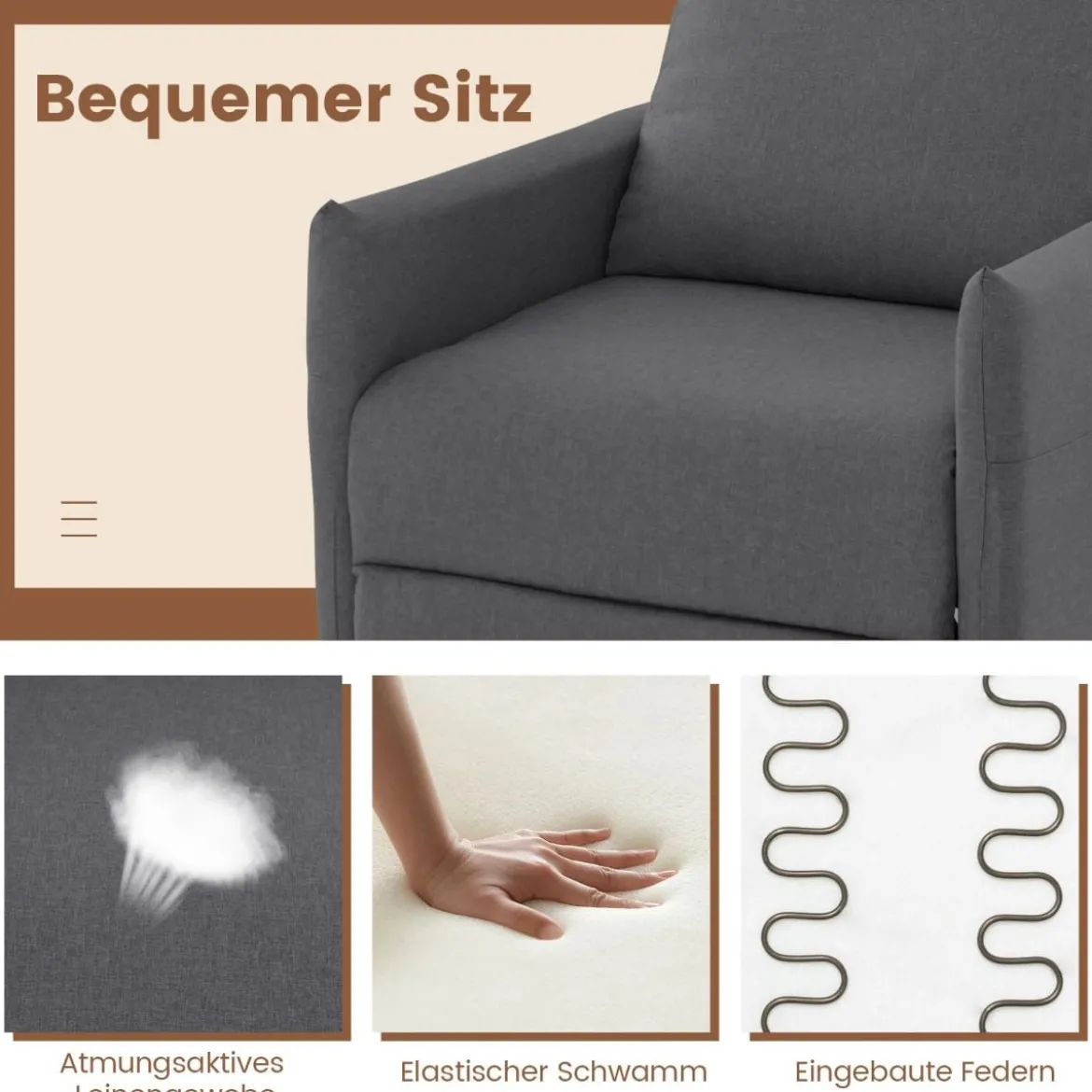 Sessel mit Liegefunktion & Verstellbarer Rückenlehne & Fußstütze & 2 Magazintaschen Dunkelgrau