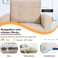 Sessel mit 2 Seitentaschen 53cm Sitztiefe Ohrensessel mit Armlehnen und Rückenkissen 75 x 81 x 86 cm Beige
