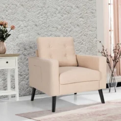 Sessel mit 2 Seitentaschen 53cm Sitztiefe Ohrensessel mit Armlehnen und Rückenkissen 75 x 81 x 86 cm Beige