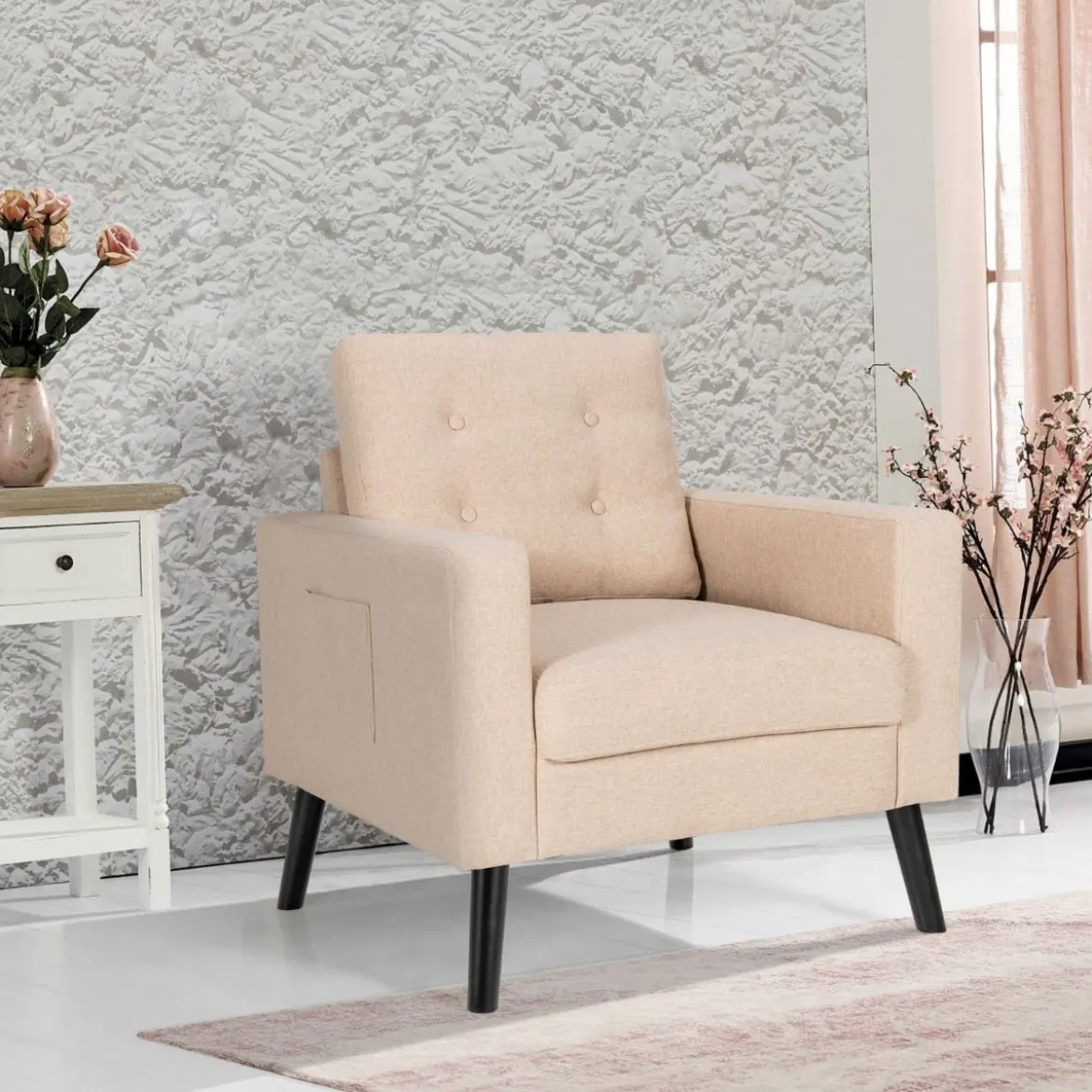 Sessel mit 2 Seitentaschen 53cm Sitztiefe Ohrensessel mit Armlehnen und Rückenkissen 75 x 81 x 86 cm Beige