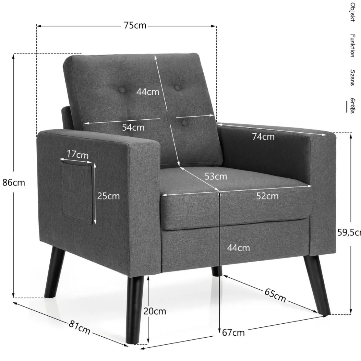 Sessel mit 2 Seitentaschen Ohrensessel mit Armlehnen und Rückenkissen 75 x 81 x 86 cm Grau 53cm Sitztiefe