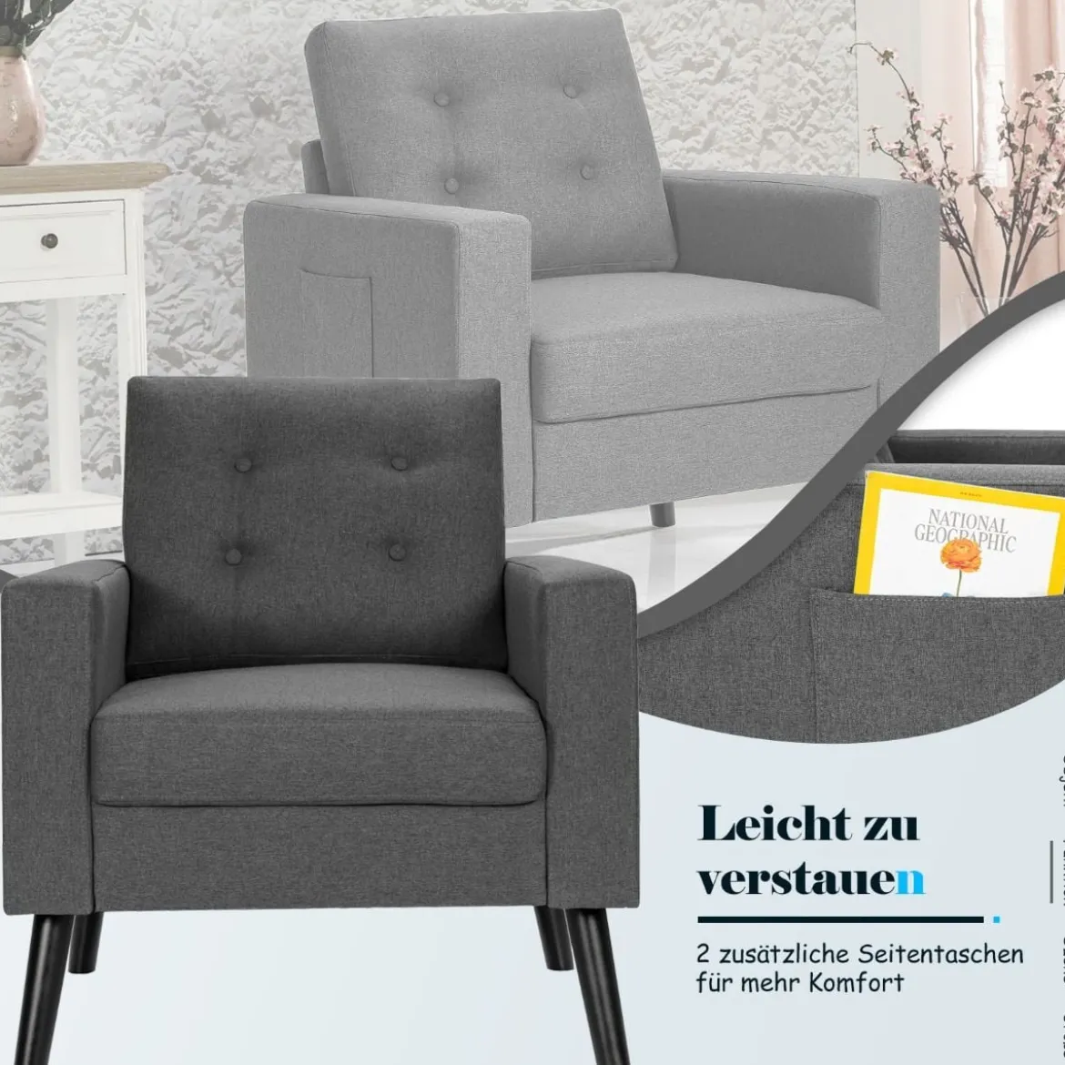 Sessel mit 2 Seitentaschen Ohrensessel mit Armlehnen und Rückenkissen 75 x 81 x 86 cm Grau 53cm Sitztiefe