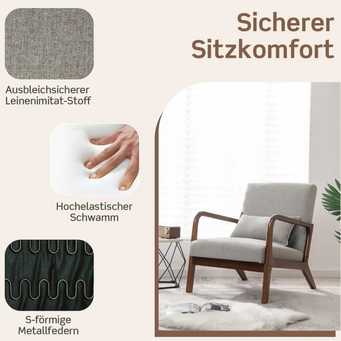 Sessel Wohnzimmer Loungesessel gepolstert Moderner Akzentstuhl Holz mit Armlehnen 65 x 79 x 77 cm