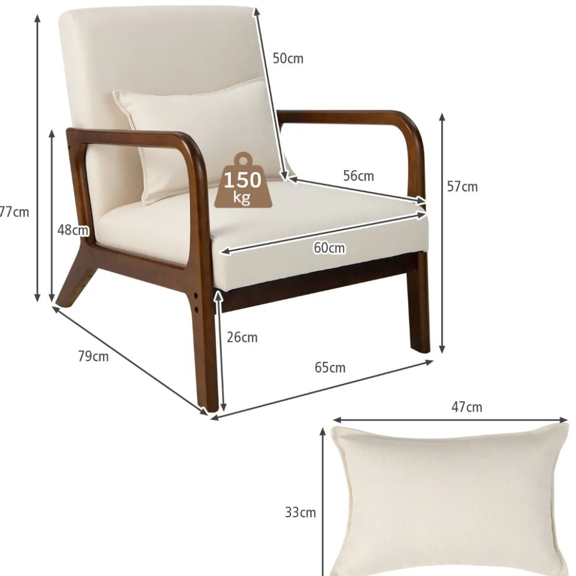 Sessel Wohnzimmer Loungesessel gepolstert Moderner Akzentstuhl Holz mit Armlehnen 65 x 79 x 77 cm
