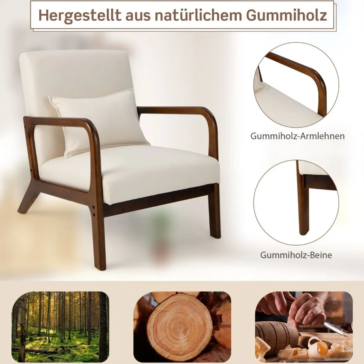 Sessel Wohnzimmer Loungesessel gepolstert Moderner Akzentstuhl Holz mit Armlehnen 65 x 79 x 77 cm