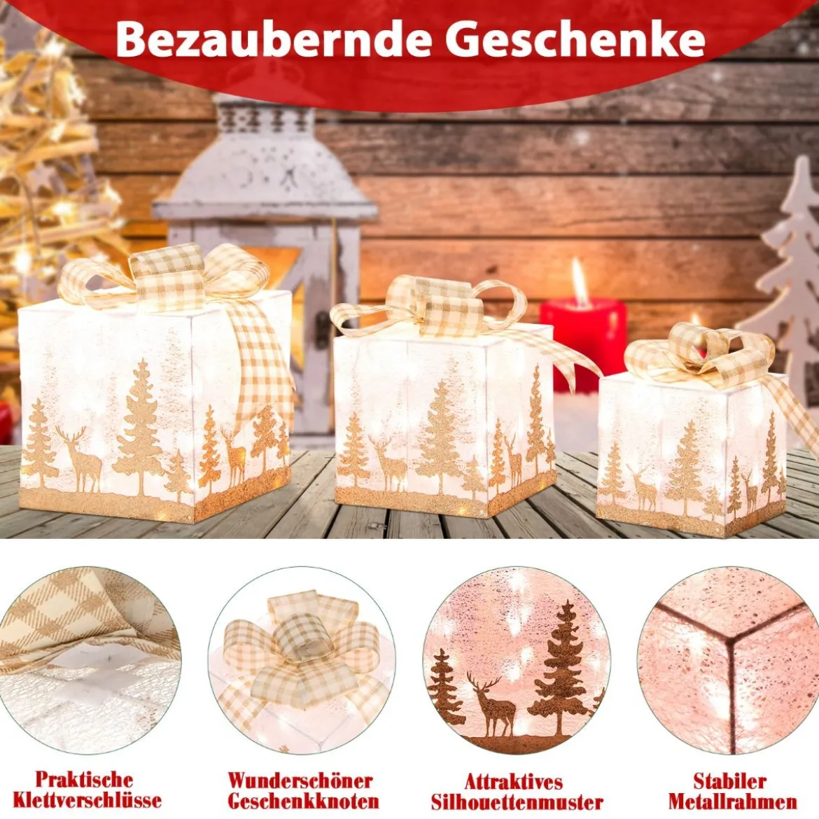 Set aus 3 Beleuchteten Weihnachtsgeschenkboxen Vorgedruckte Geschenkschachteln