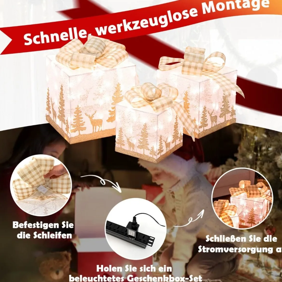 Set aus 3 Beleuchteten Weihnachtsgeschenkboxen Vorgedruckte Geschenkschachteln