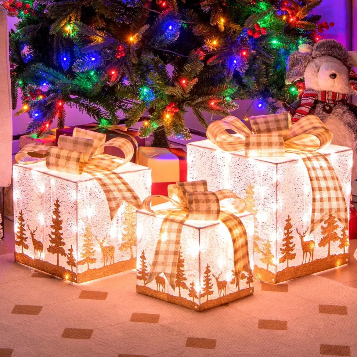 Set aus 3 Beleuchteten Weihnachtsgeschenkboxen Vorgedruckte Geschenkschachteln