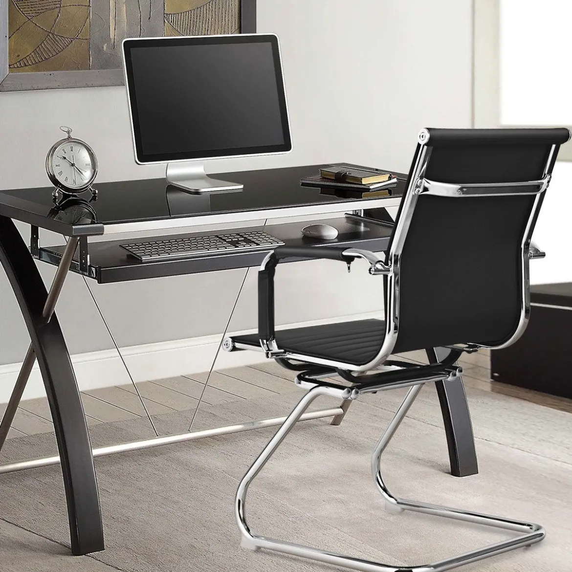 Set aus 10 Bürostühlen Moderne Konferenzstühle mit Mittlerer Rückenlehne & Kufengestell Schwarz