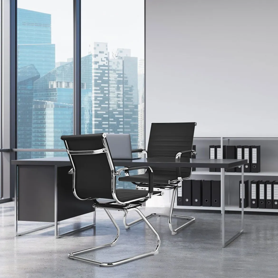 Set aus 10 Bürostühlen Moderne Konferenzstühle mit Mittlerer Rückenlehne & Kufengestell Schwarz