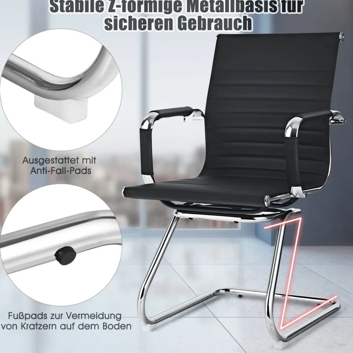Set aus 10 Bürostühlen Moderne Konferenzstühle mit Mittlerer Rückenlehne & Kufengestell Schwarz