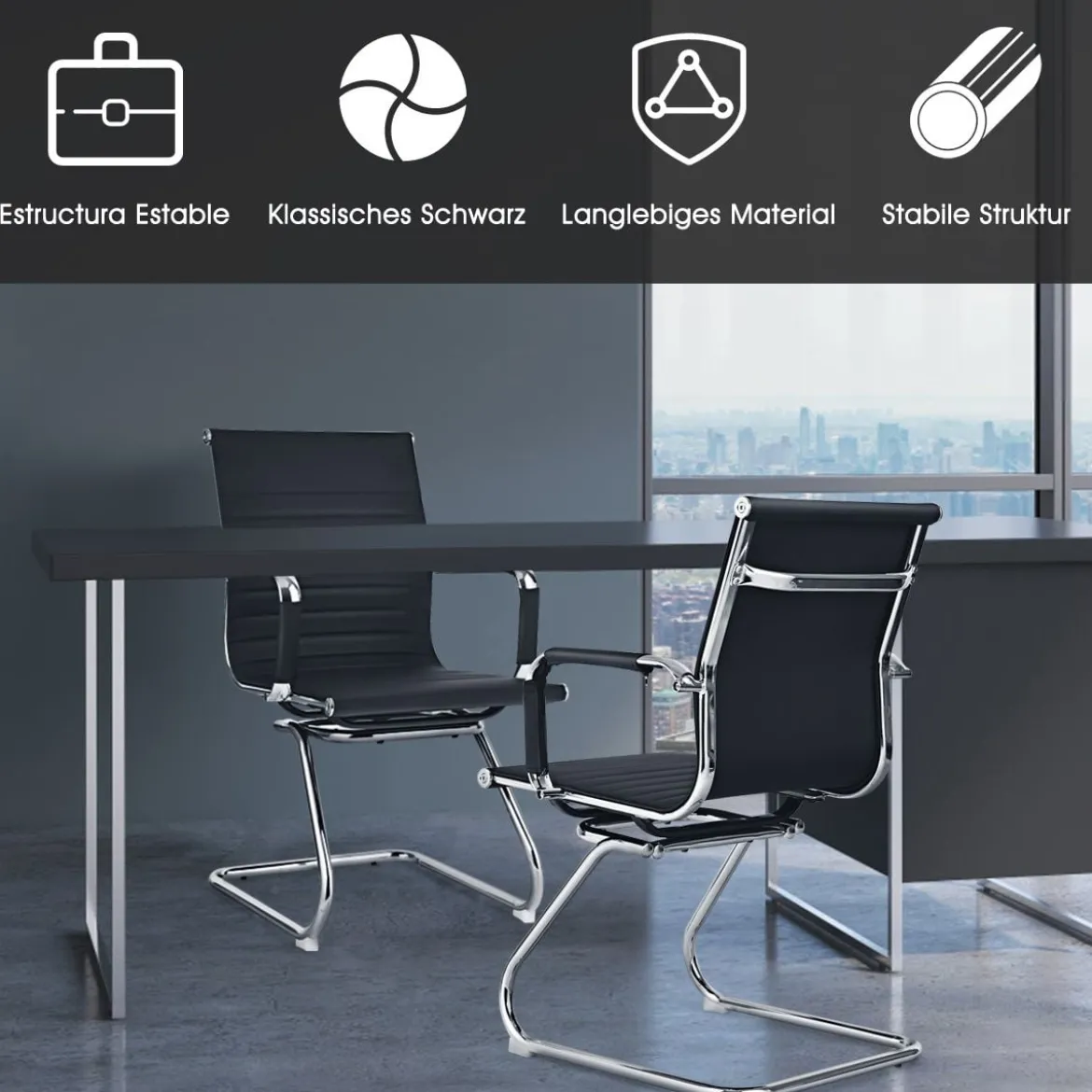 Set aus 4 Bürostühlen Moderne Konferenzstühle mit Mittlerer Rückenlehne & Kufengestell Schwarz