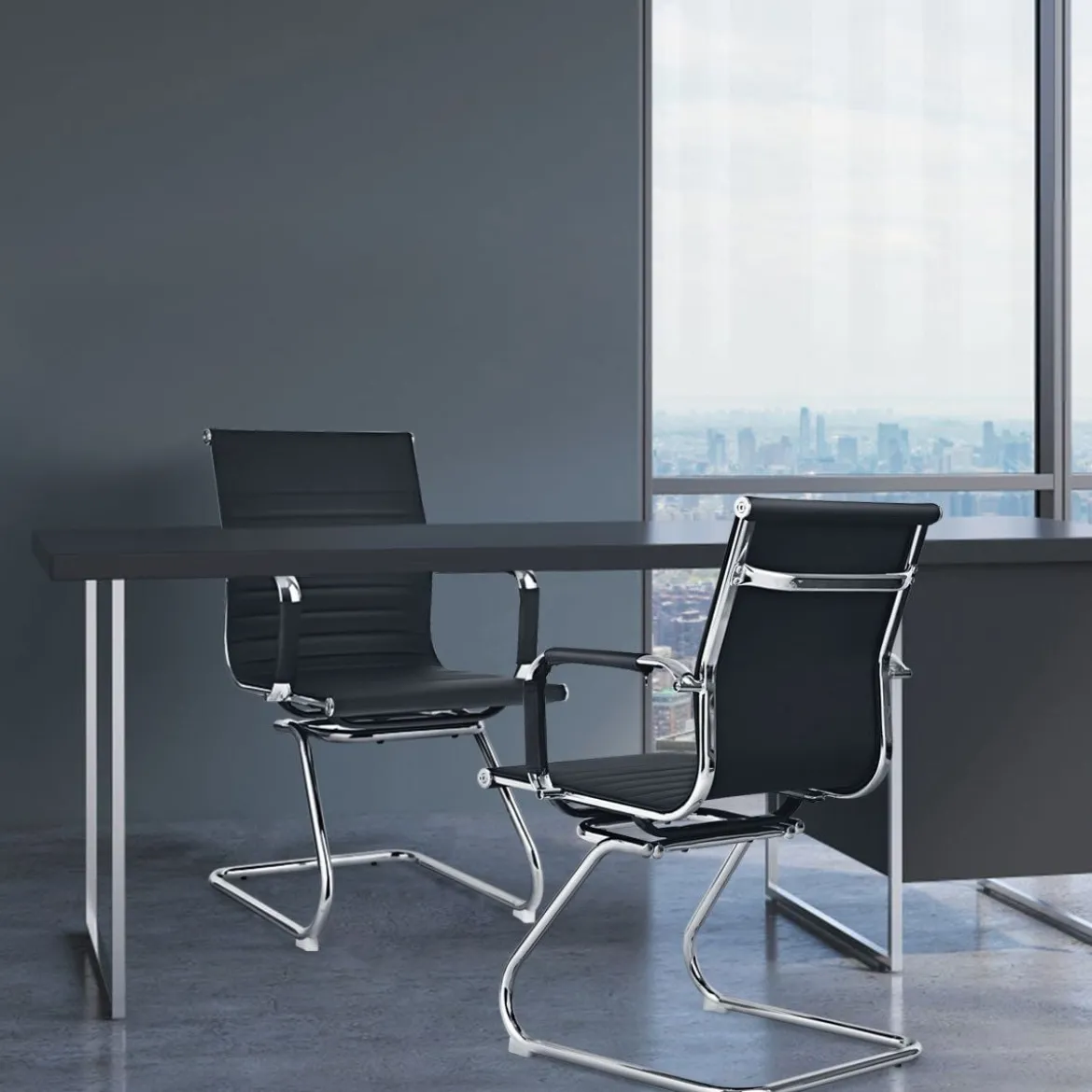 Set aus 4 Bürostühlen Moderne Konferenzstühle mit Mittlerer Rückenlehne & Kufengestell Schwarz
