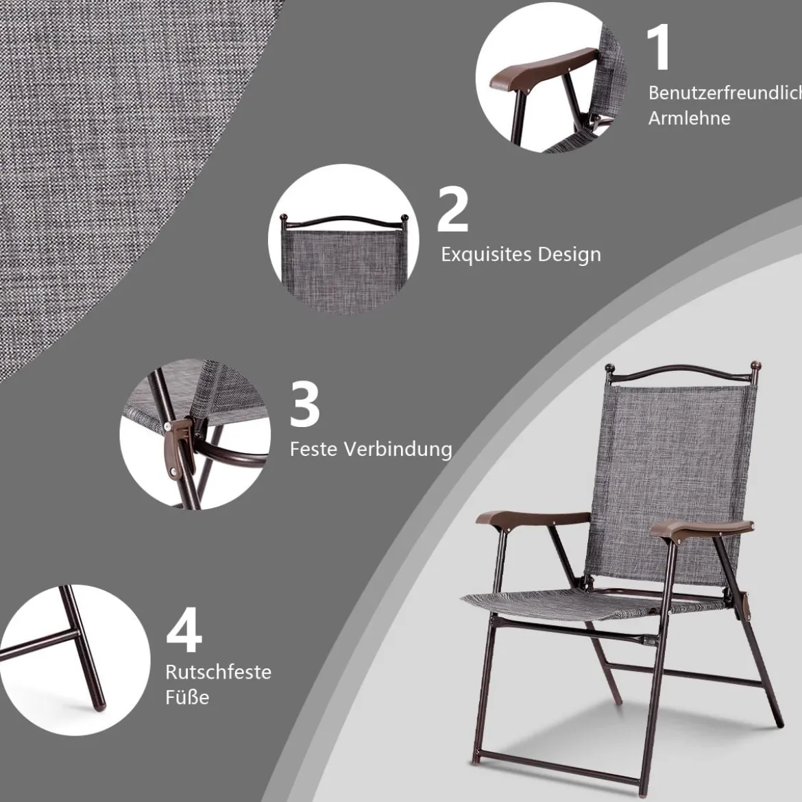 Set aus 2 Klappstühlen für die Terrasse klappbare Gartenstühle Grau