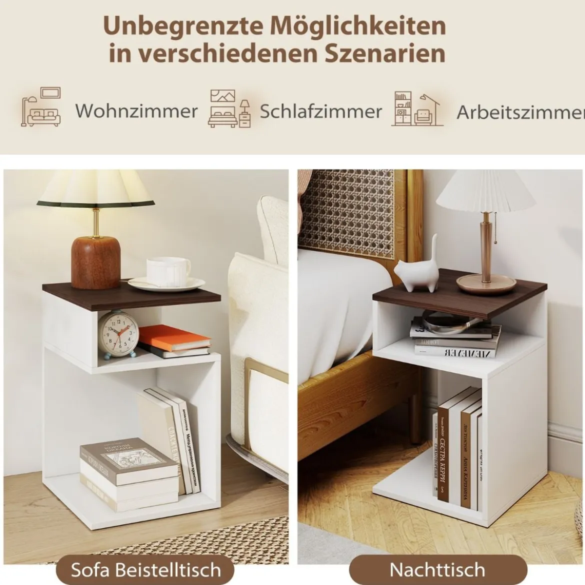 S-förmiger Beistelltisch mit 2 Offenen Fächern Nachttisch 3 Ebenen Sofatisch Weiß + Walnuss