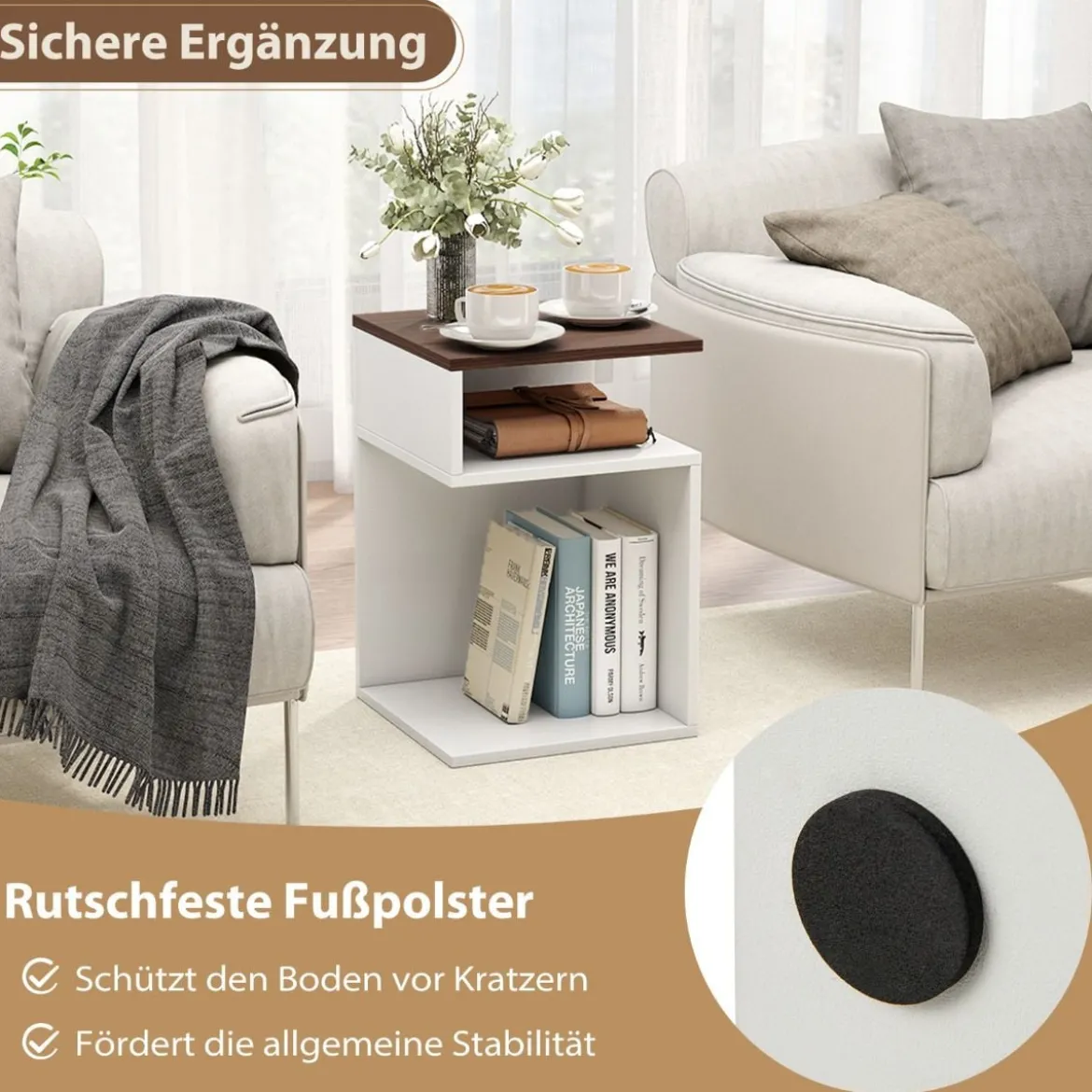 S-förmiger Beistelltisch mit 2 Offenen Fächern Nachttisch 3 Ebenen Sofatisch Weiß + Walnuss