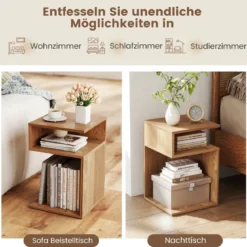 S-förmiger Beistelltisch mit 2 Offenen Fächern Moderner Nachttisch 3 Ebenen Sofatisch Natur