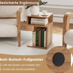 S-förmiger Beistelltisch mit 2 Offenen Fächern Moderner Nachttisch 3 Ebenen Sofatisch Natur
