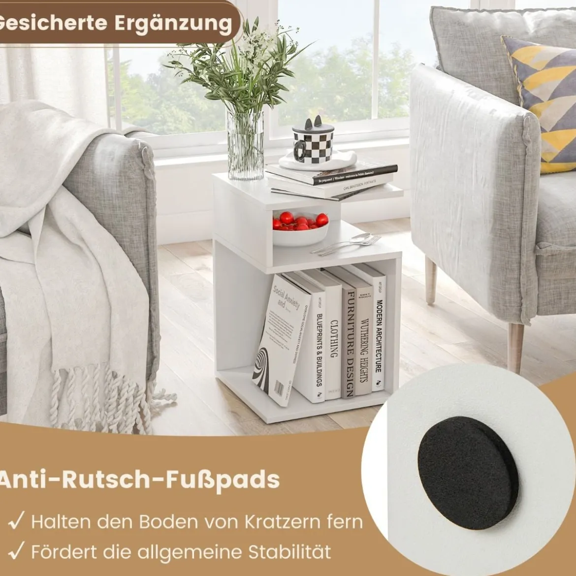 S-förmiger Beistelltisch mit 2 Offenen Fächern Moderner Nachttisch 33 x 33 x 50 cm Weiß