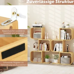 S-förmiges Bücherregal aus Bambus mit 3 Ebenen Standregal Würfelregal Büroregal 61 x 23 x 100 cm