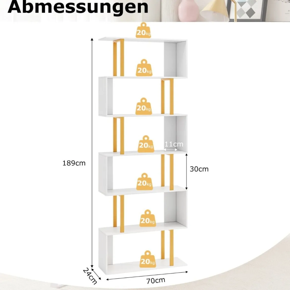 S-förmiges Bücherregal mit 6 Ebenen Standregal Raumteiler Aufbewahrungsregal 70 x 24 x 189 cm