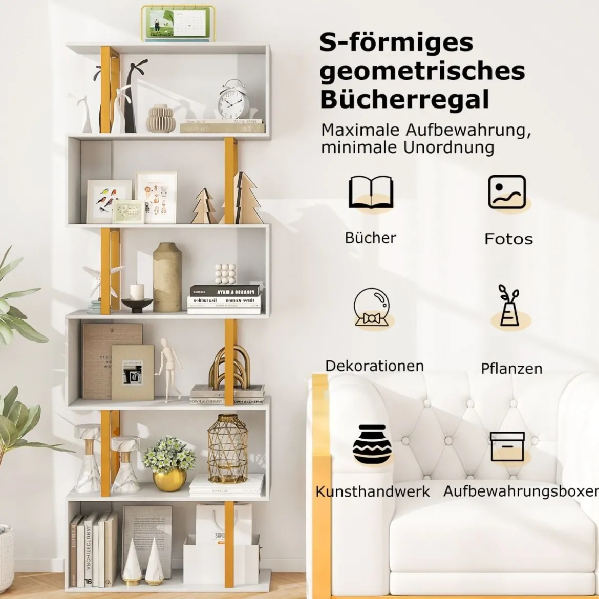 S-förmiges Bücherregal mit 6 Ebenen Standregal Raumteiler Aufbewahrungsregal 70 x 24 x 189 cm