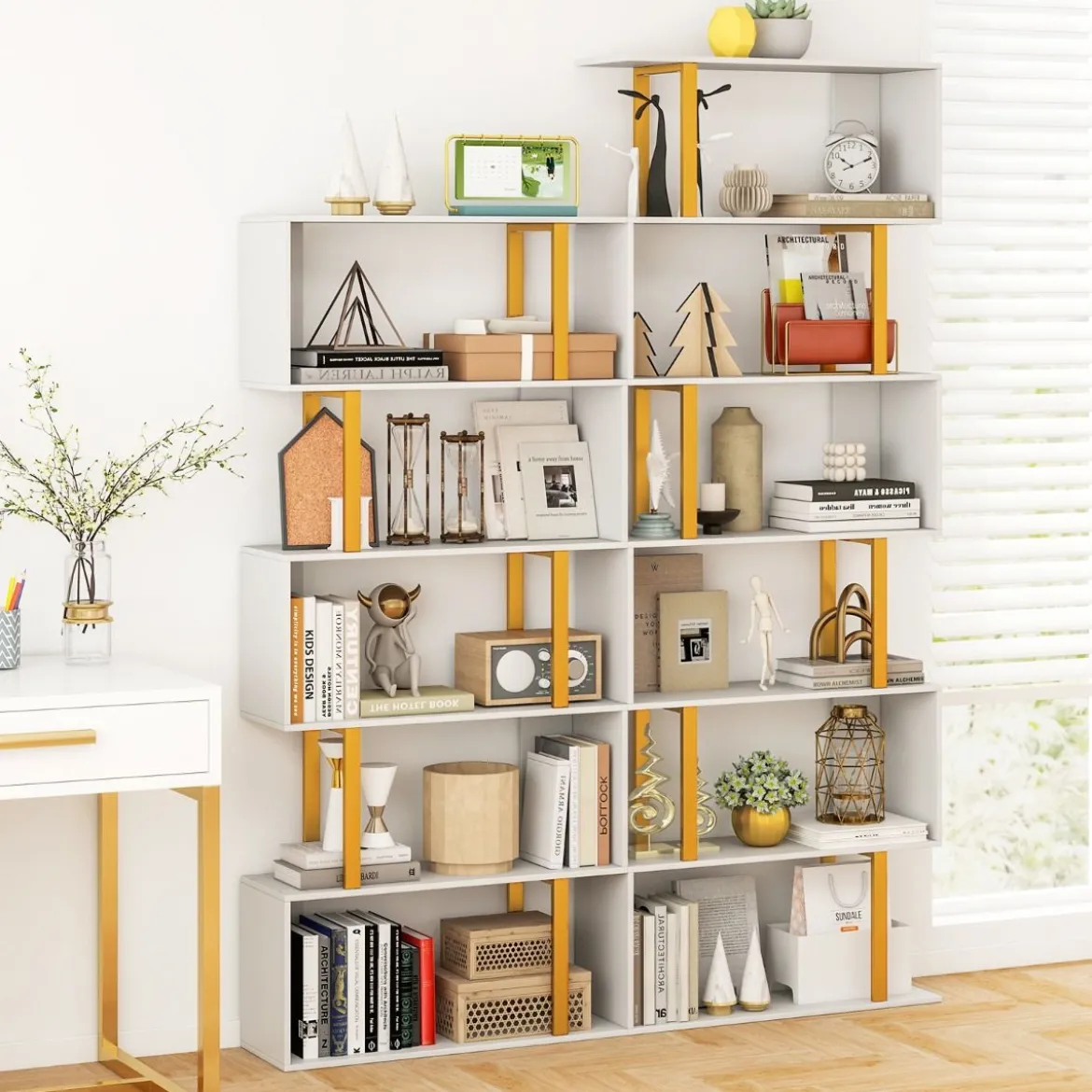 S-förmiges Bücherregal mit 6 Ebenen Standregal Raumteiler Aufbewahrungsregal 70 x 24 x 189 cm
