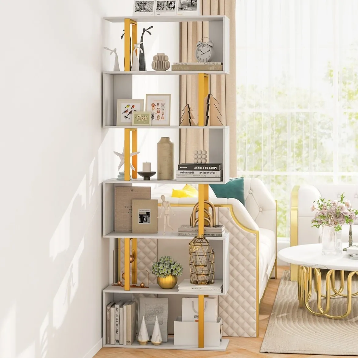 S-förmiges Bücherregal mit 6 Ebenen Standregal Raumteiler Aufbewahrungsregal 70 x 24 x 189 cm