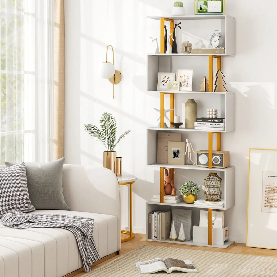 S-förmiges Bücherregal mit 6 Ebenen Standregal Raumteiler Aufbewahrungsregal 70 x 24 x 189 cm