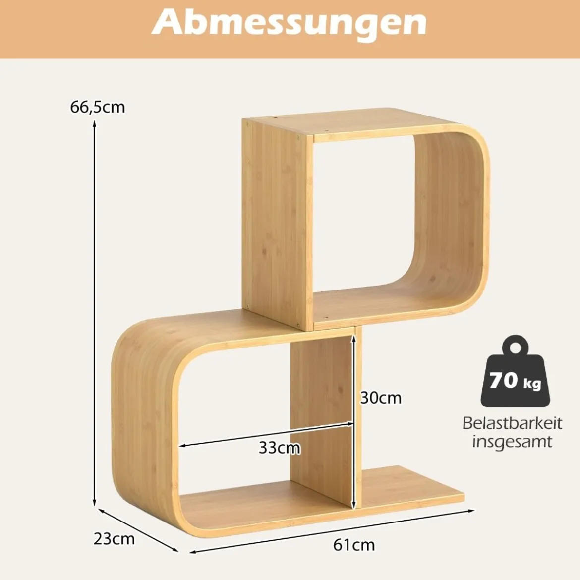 S-förmiges Bücherregal mit 2 Offenen Würfeln Geometrisches Eckregal Bambusregal