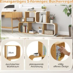 S-förmiges Bücherregal mit 2 Offenen Würfeln Geometrisches Eckregal Bambusregal