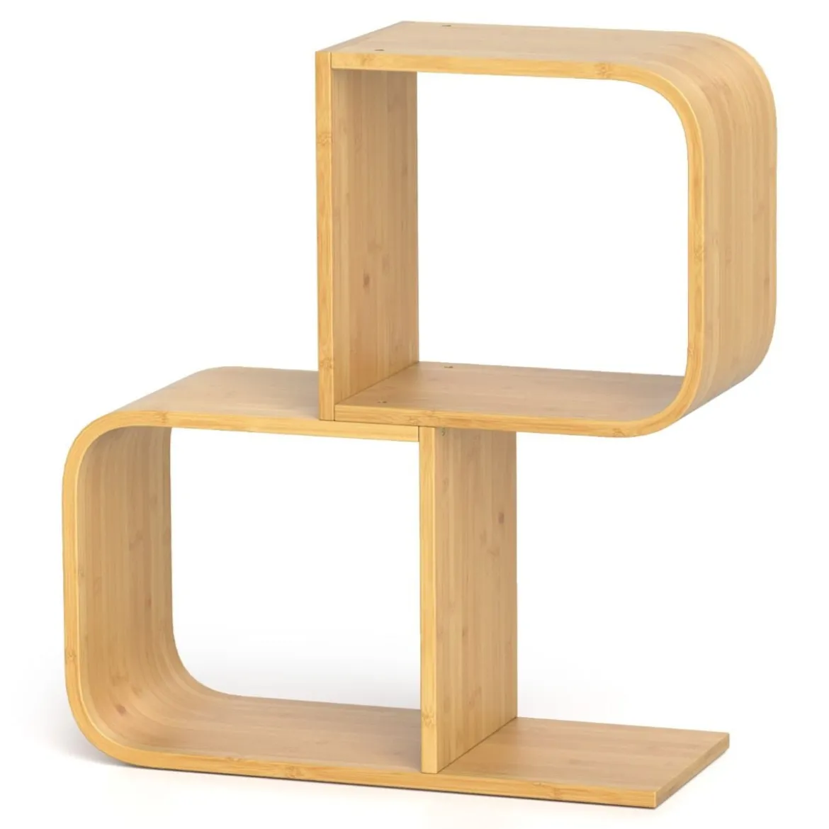 S-förmiges Bücherregal mit 2 Offenen Würfeln Geometrisches Eckregal Bambusregal