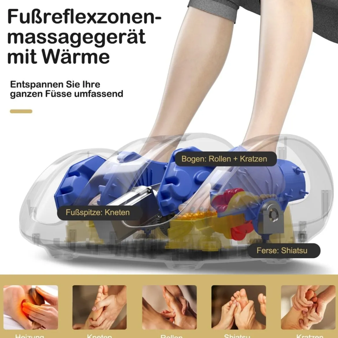 Shiatsu Fußmassagegerät mit Rollen& Kneten für Fuß Bein Wade 55,5 x 37 x 25,5 cm Schwarz