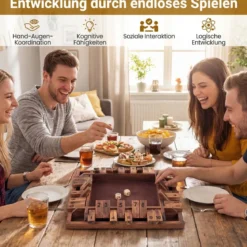 Shut The Box Spiel für 2-4 Spieler Würfelspiel mit 2 Würfel & Robustem Kiefernholz Klappenspiel Braun