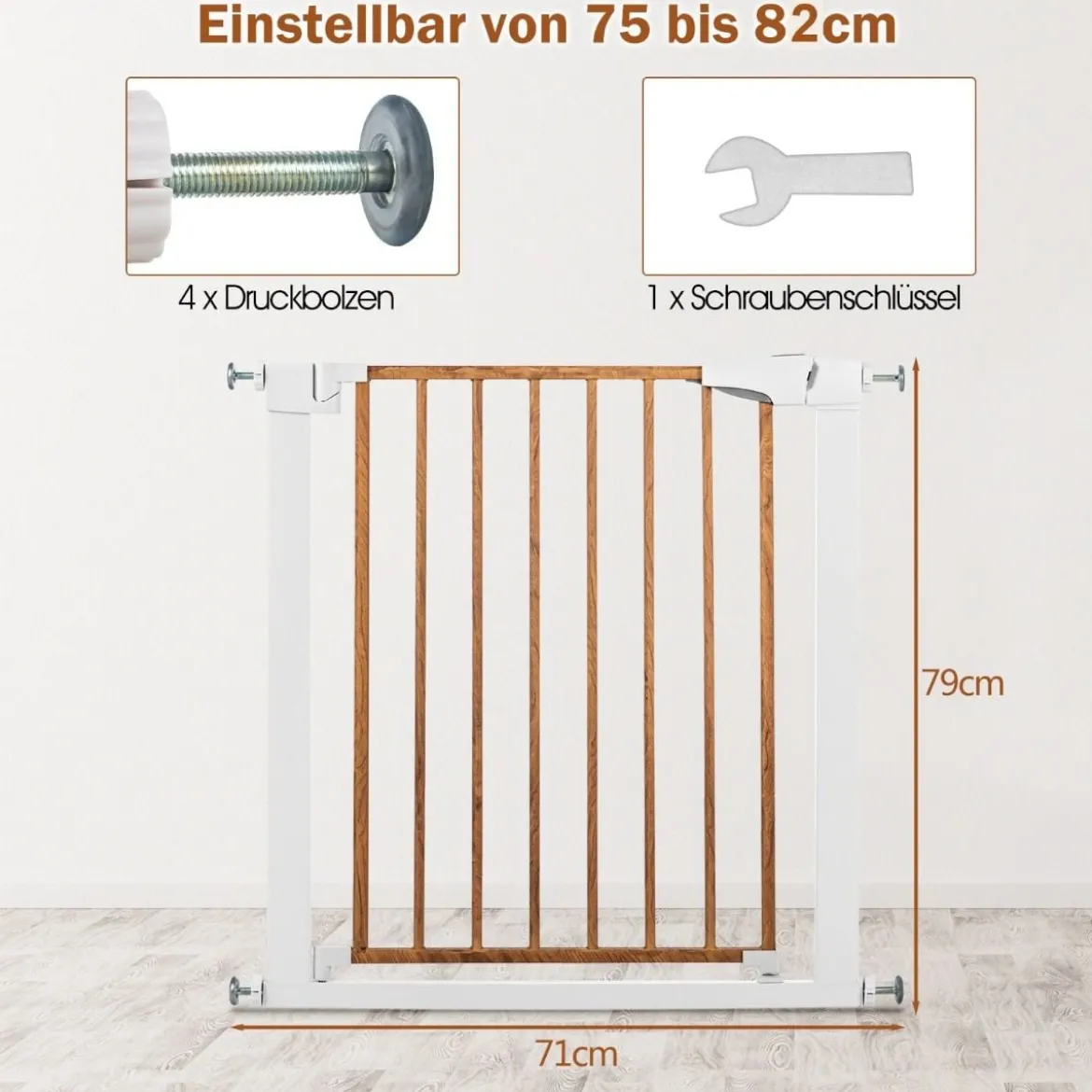 Sicherheitsgitter Haustiergitter mit Automatischem Schließen & Öffnen 71 x 4,5 x 79 cm Weiß